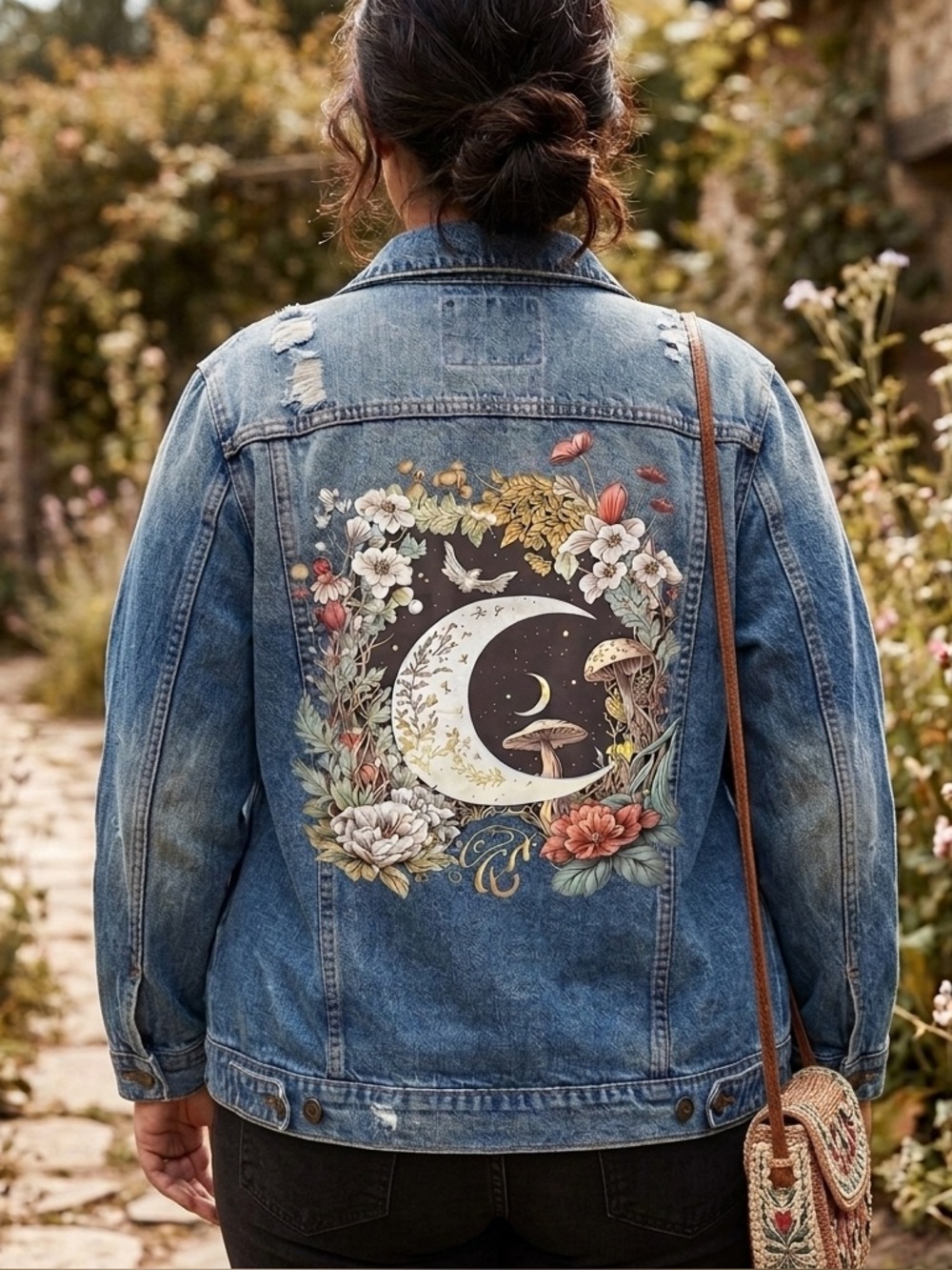 Handcrafted Blue Denim Jacket with Moon design